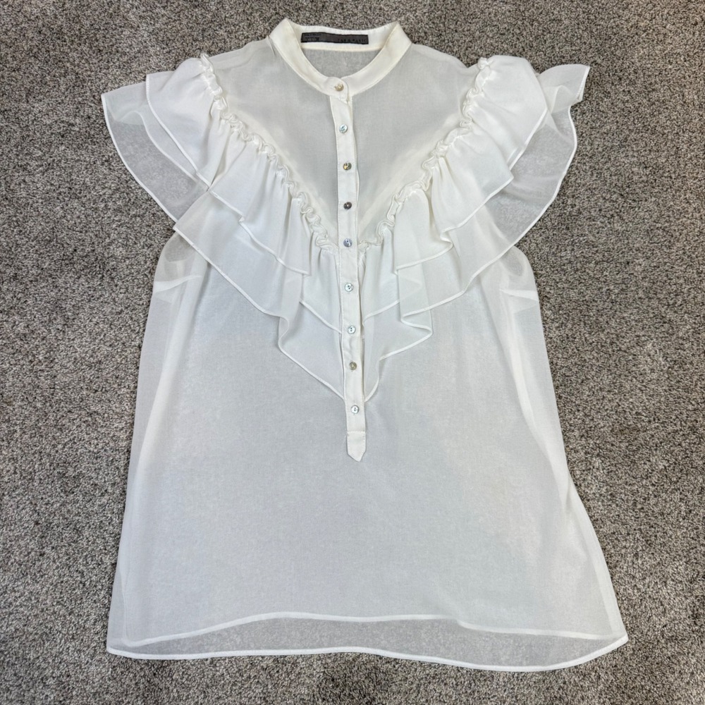 Zara Basic Womens Off White Ruffle‎ Sleeveless Blouse Tiered Flutter Top Large